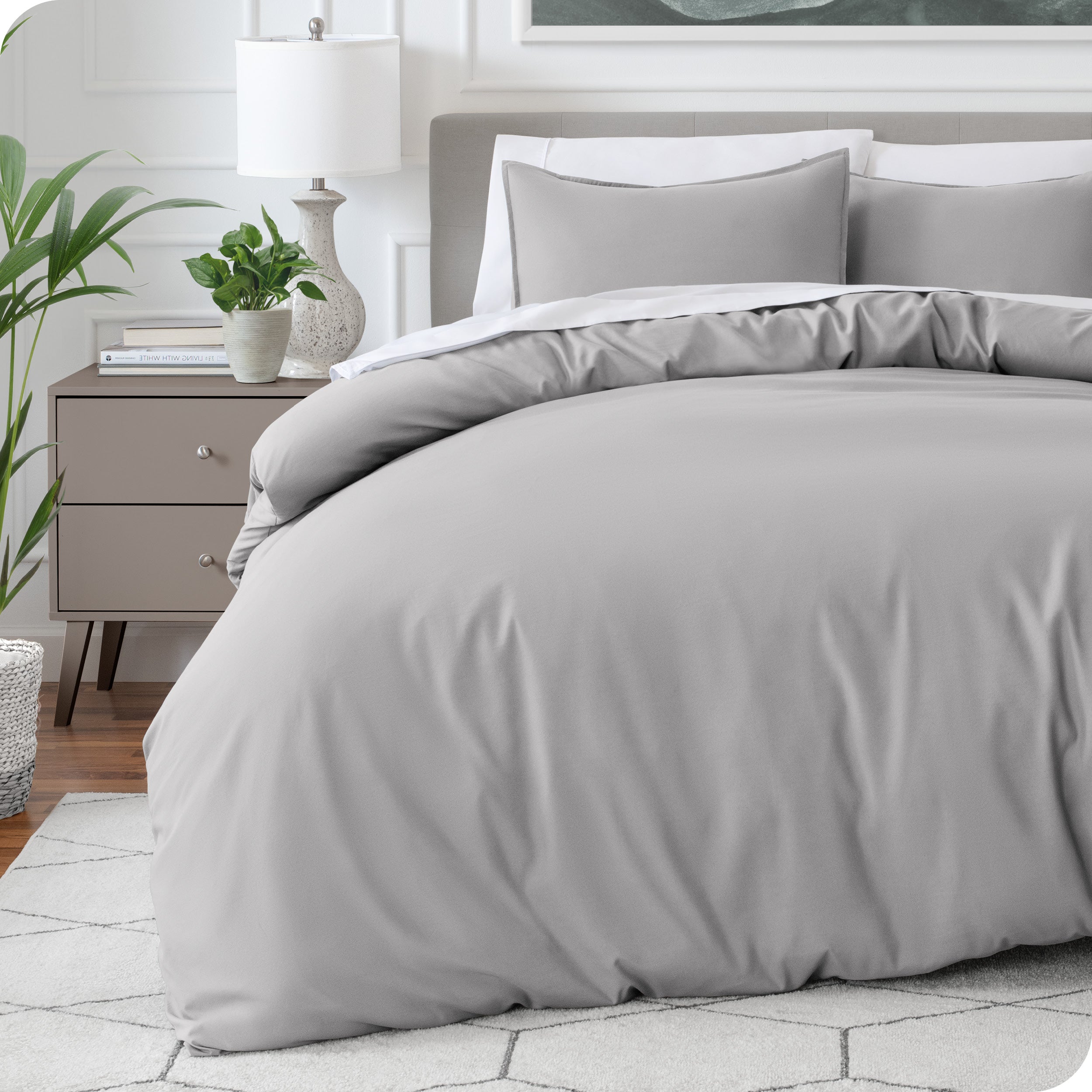 Modern bedroom with a microfiber duvet cover on the bed