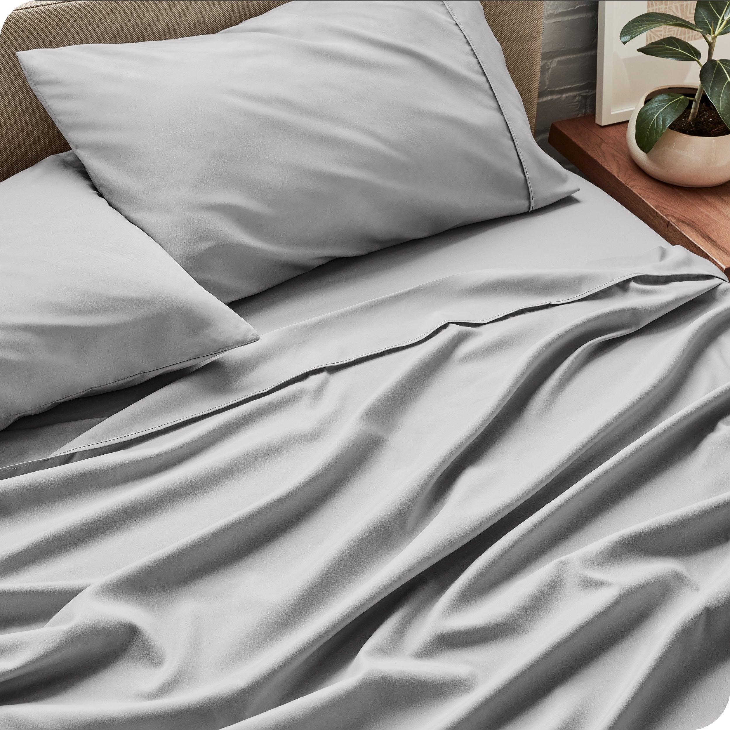 Bed sheets and pillows on a bed with a plant in the background