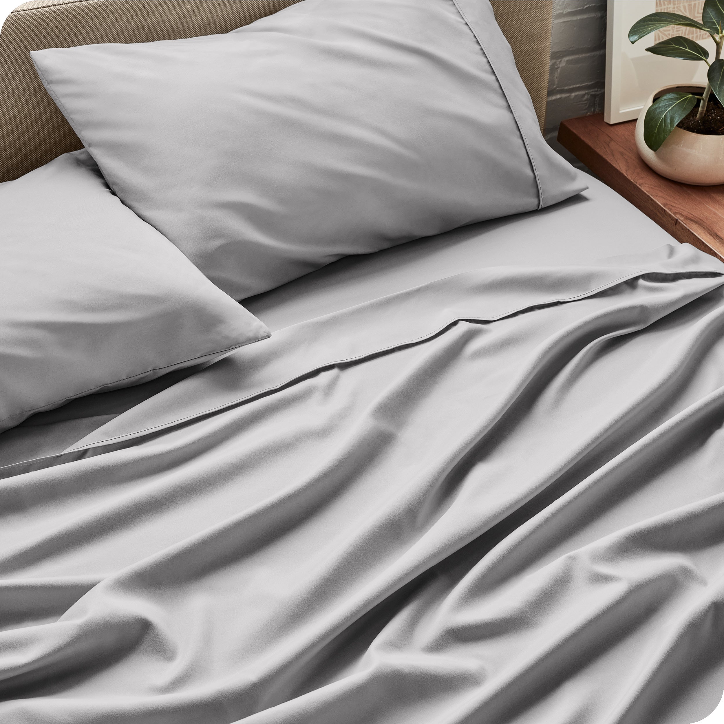 Sheet set on a bed with pillows and a plant in the background