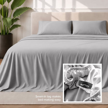 Sewn-in tag makes bed-making easy