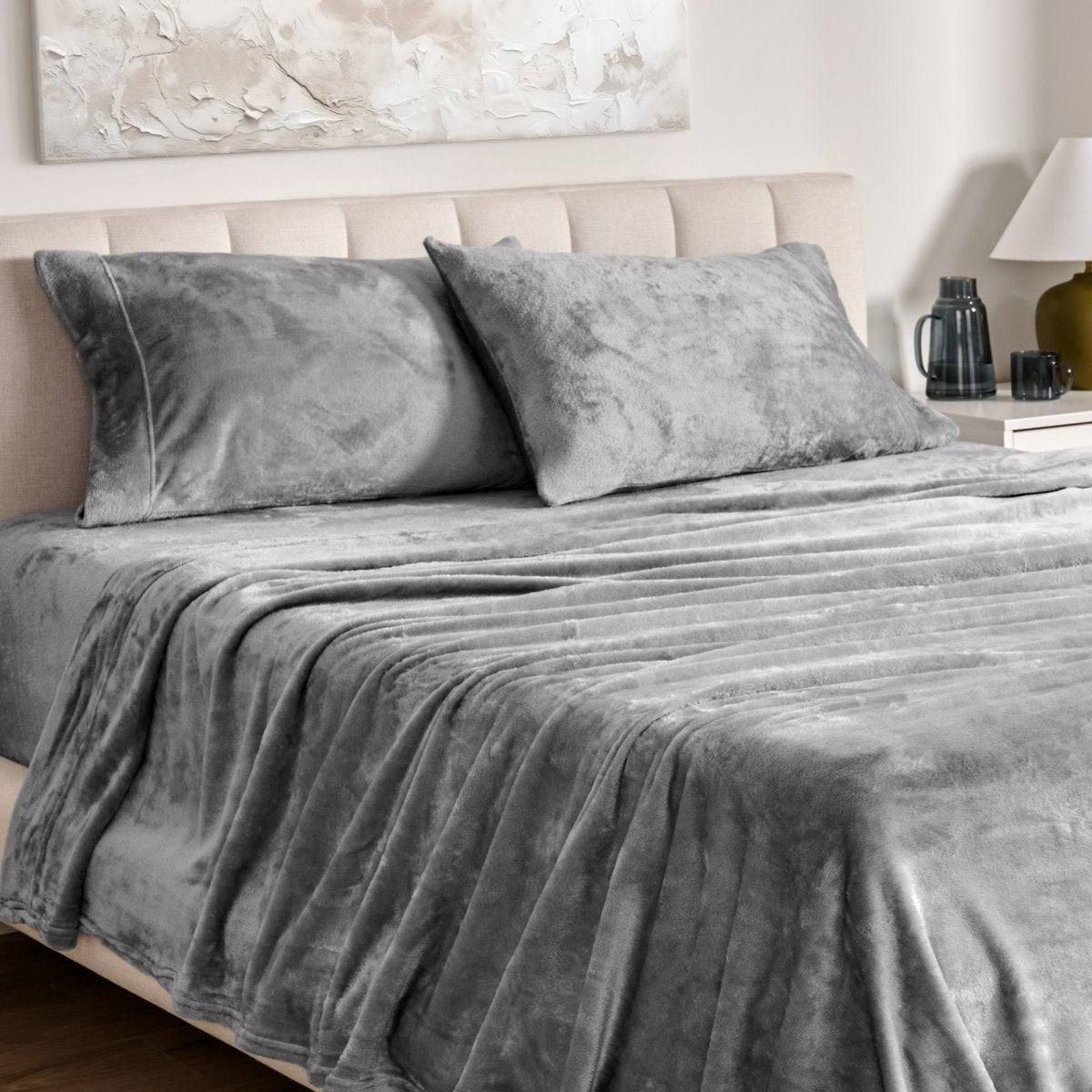 Microplush sheet set on a bed.