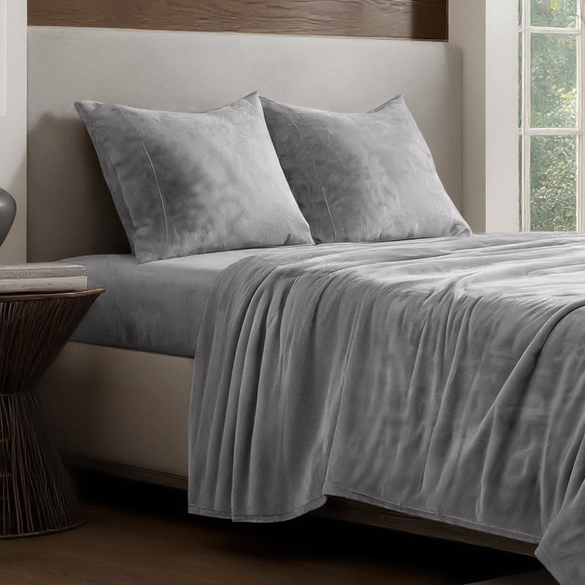 Microplush sheet set on a bed.
