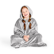 A child has a hooded microplush wearable blanket on