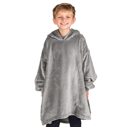 A boy dressed in a microplush wearable blanket.
