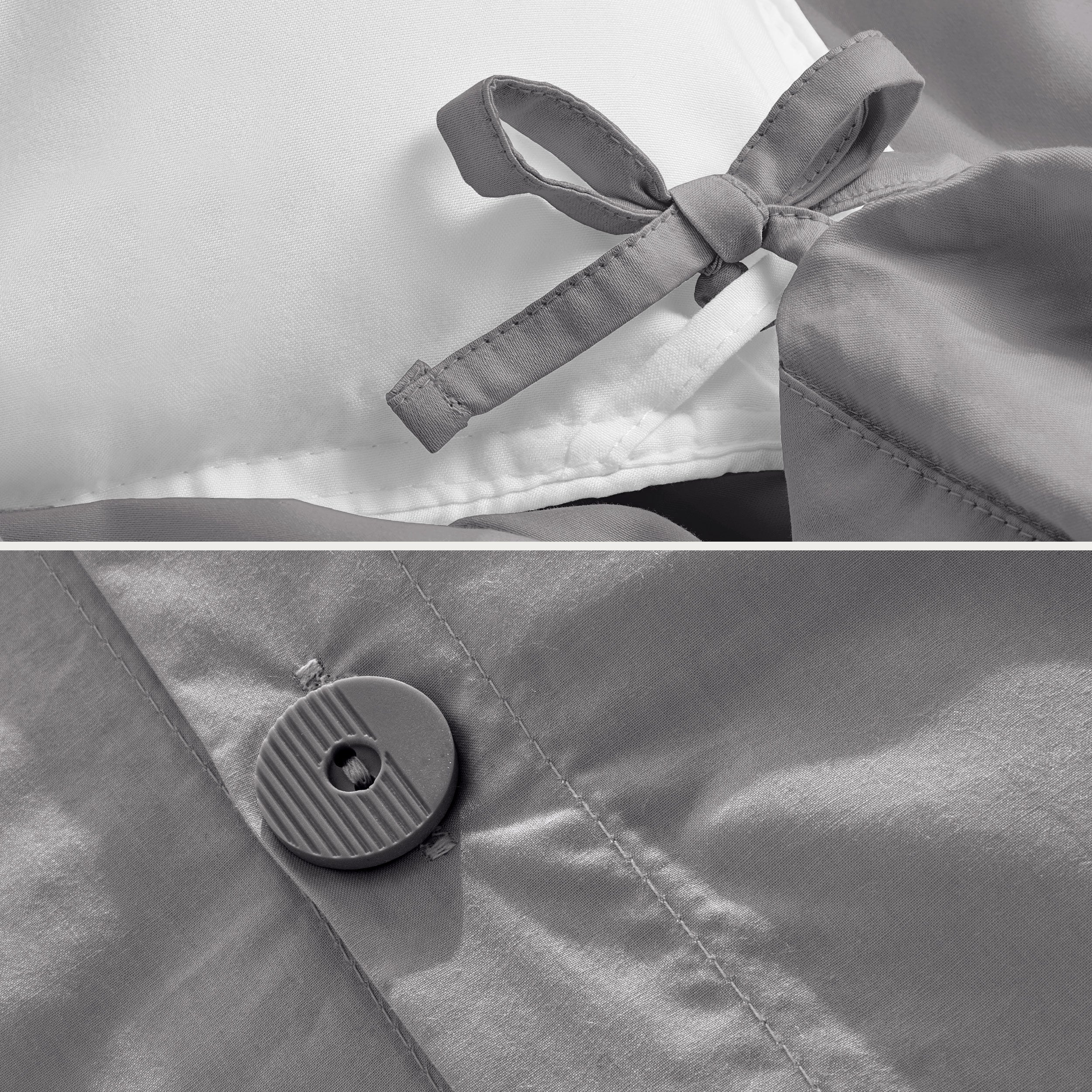 Close-up of the corner ties and button on the percale duvet cover