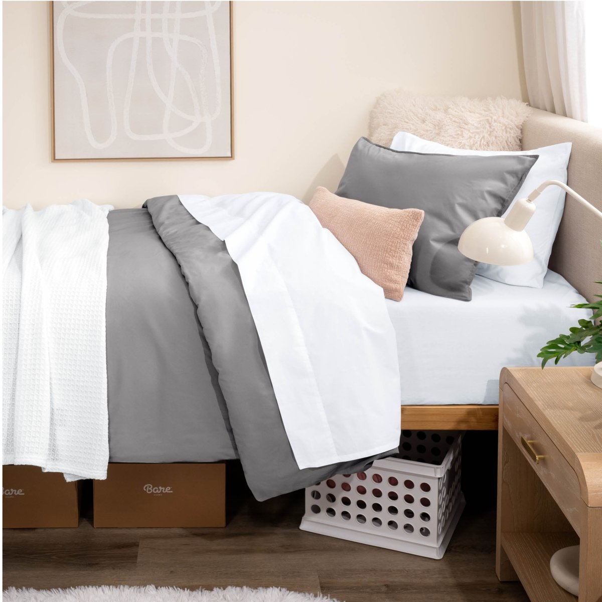 College dorm room with percale bedding