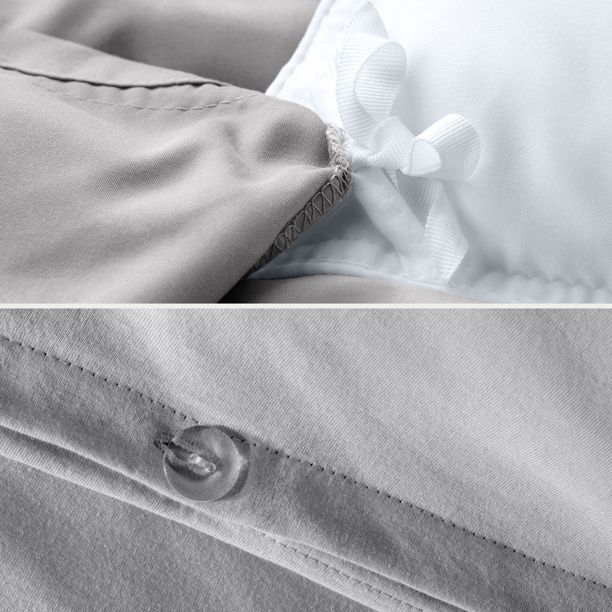 Close up of the ties on a duvet cover and the button closure