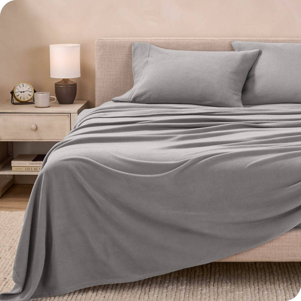 Polar fleece sheet set on a bed