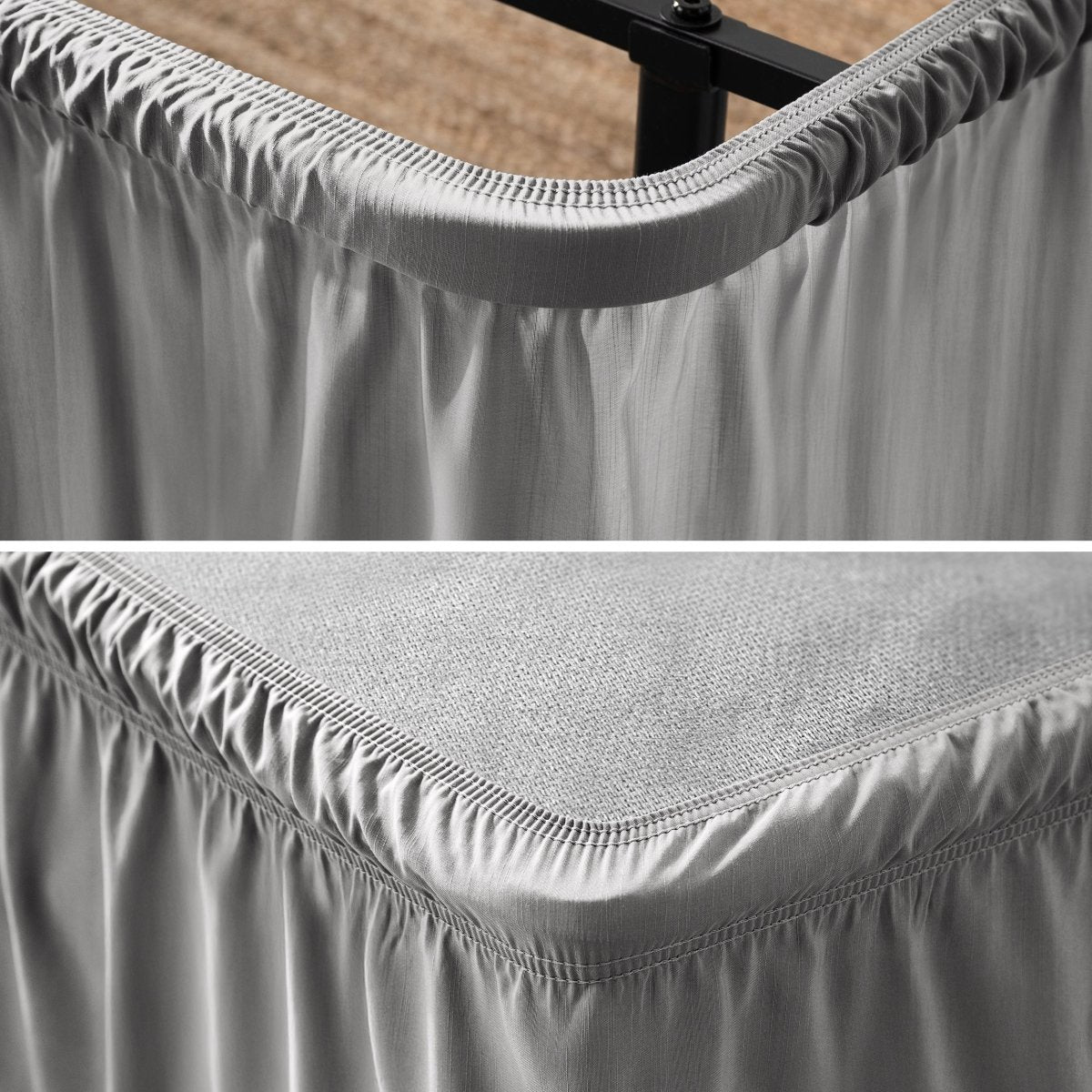 Close up of a polyester wrap around bed skirt on a bed frame and box spring