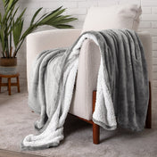 Sherpa blanket draped over a chair in a cozy living room setting with a plant and white brick wall.