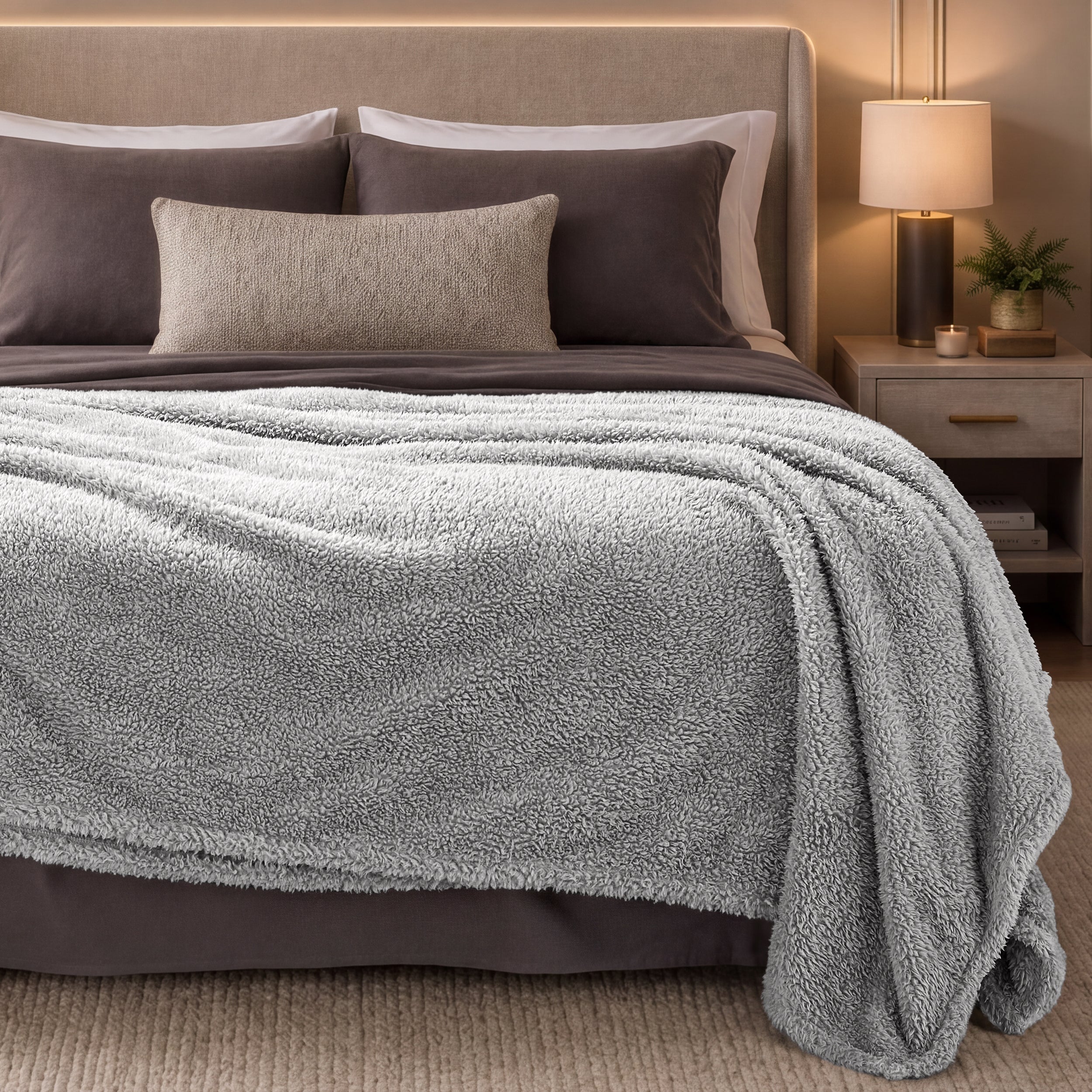 Bed with gray blanket and pillows in a bedroom setting