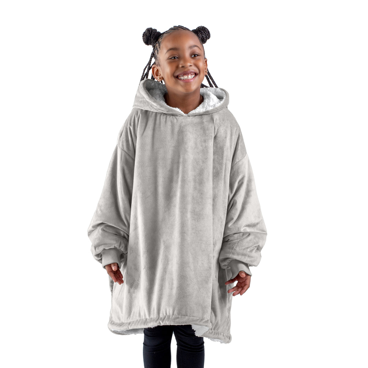 A child with a sherpa wearable blanket on