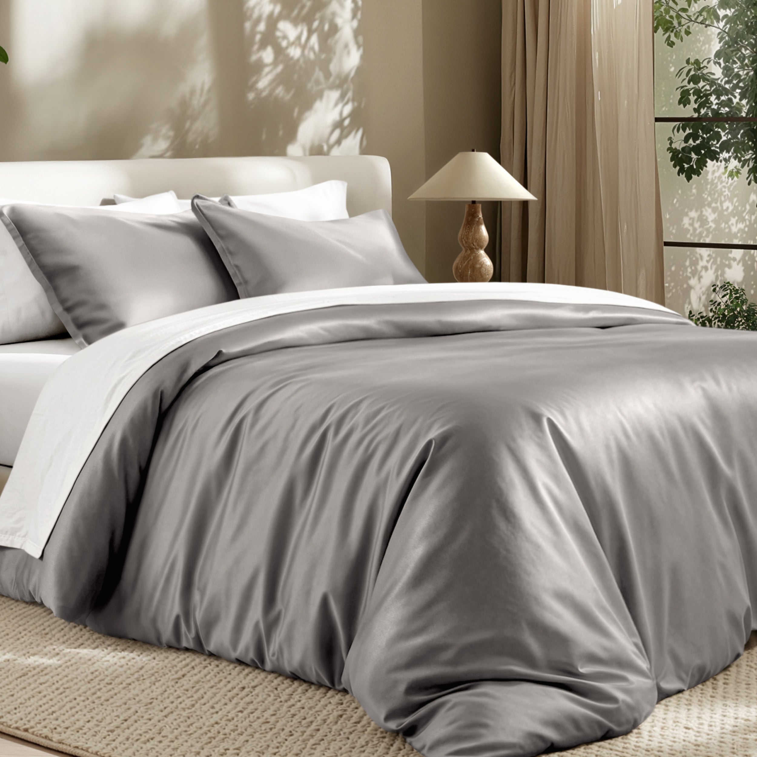 Bedding set on a bed in a bedroom with a lamp and window.