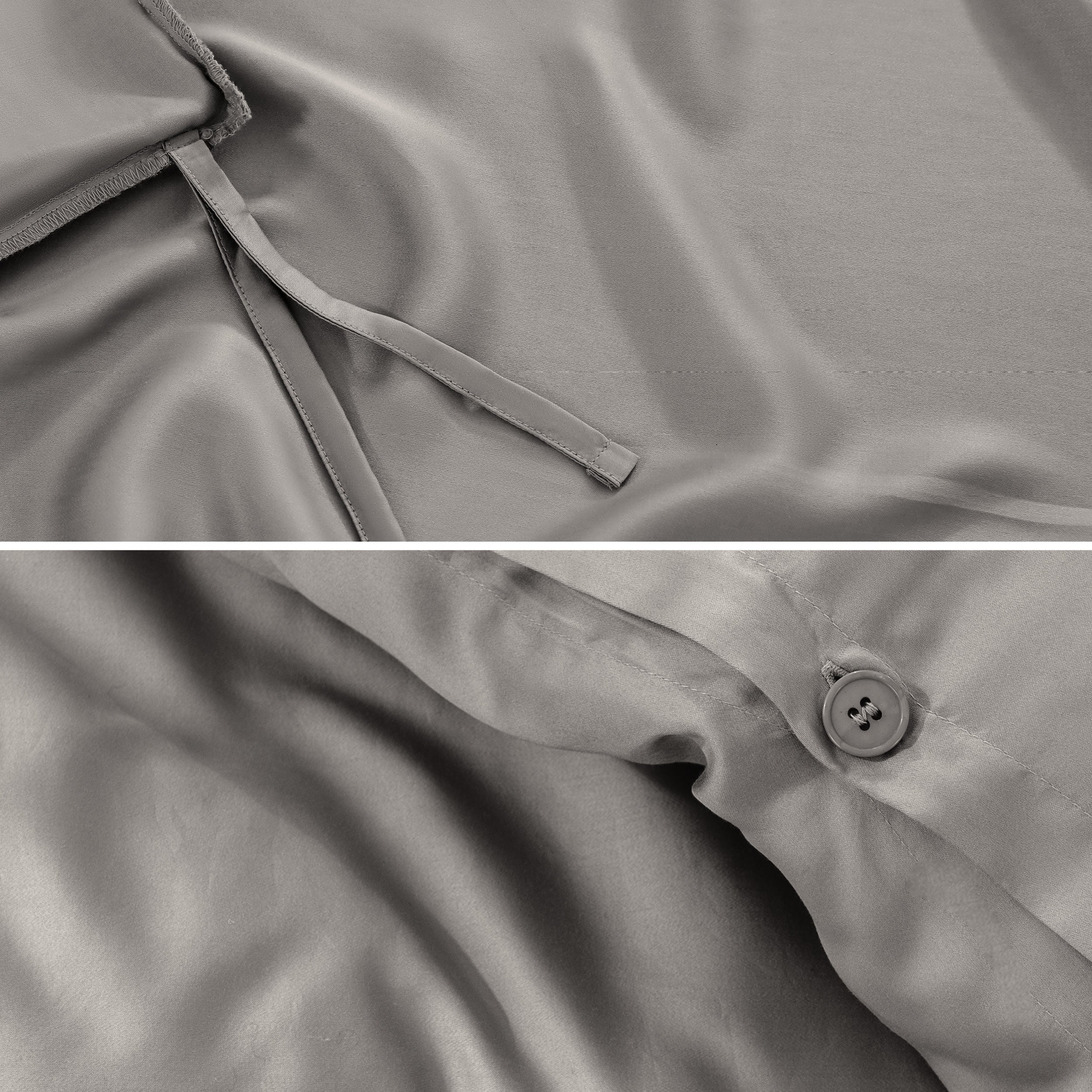 Close-up of duvet ties and button.