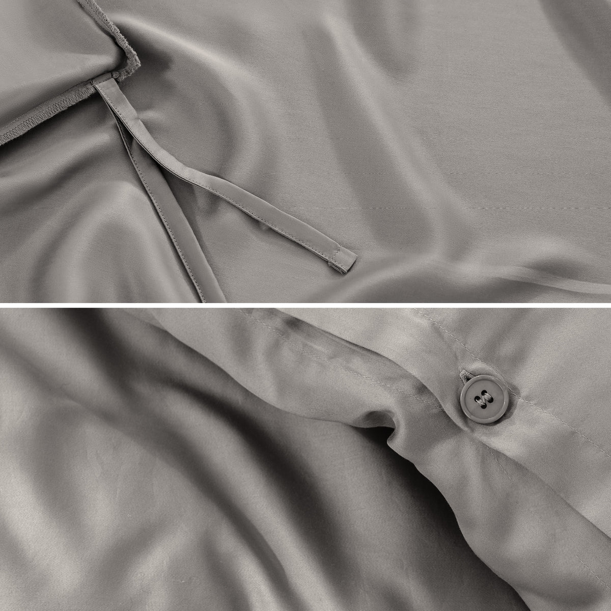 Close-up of duvet ties and button.