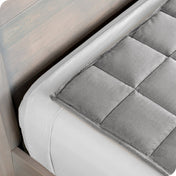 Close up of a weighted blanket on top of a bed made with white sheets