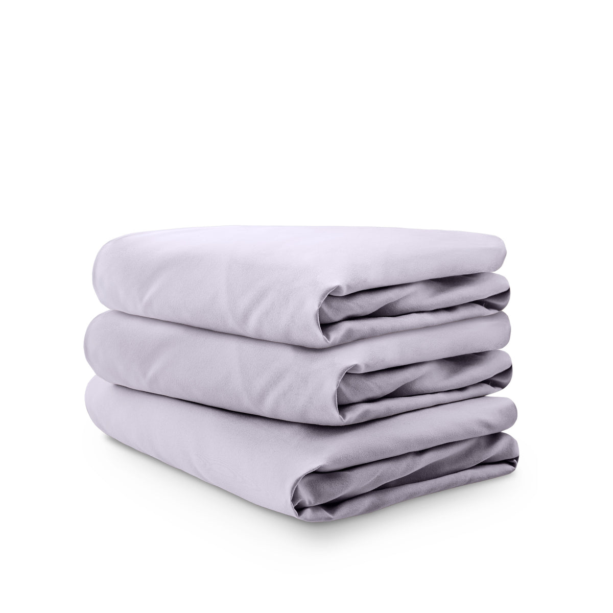 Stack of white folded crib sheets on a white background