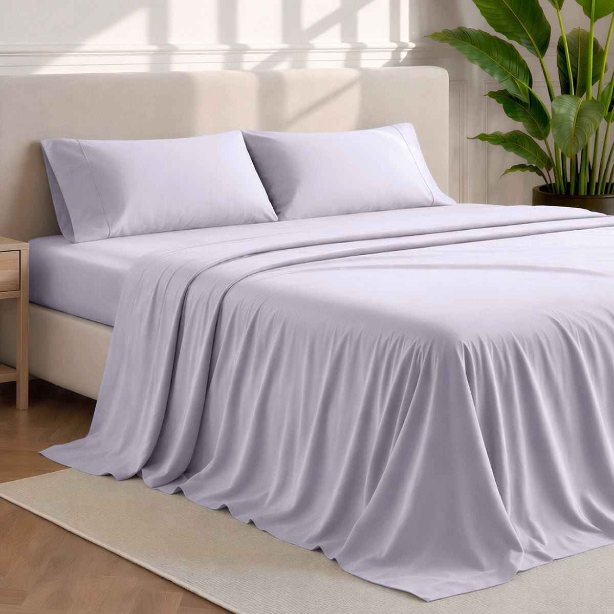 Microfiber sheets and pillowcases in a bedroom stetting