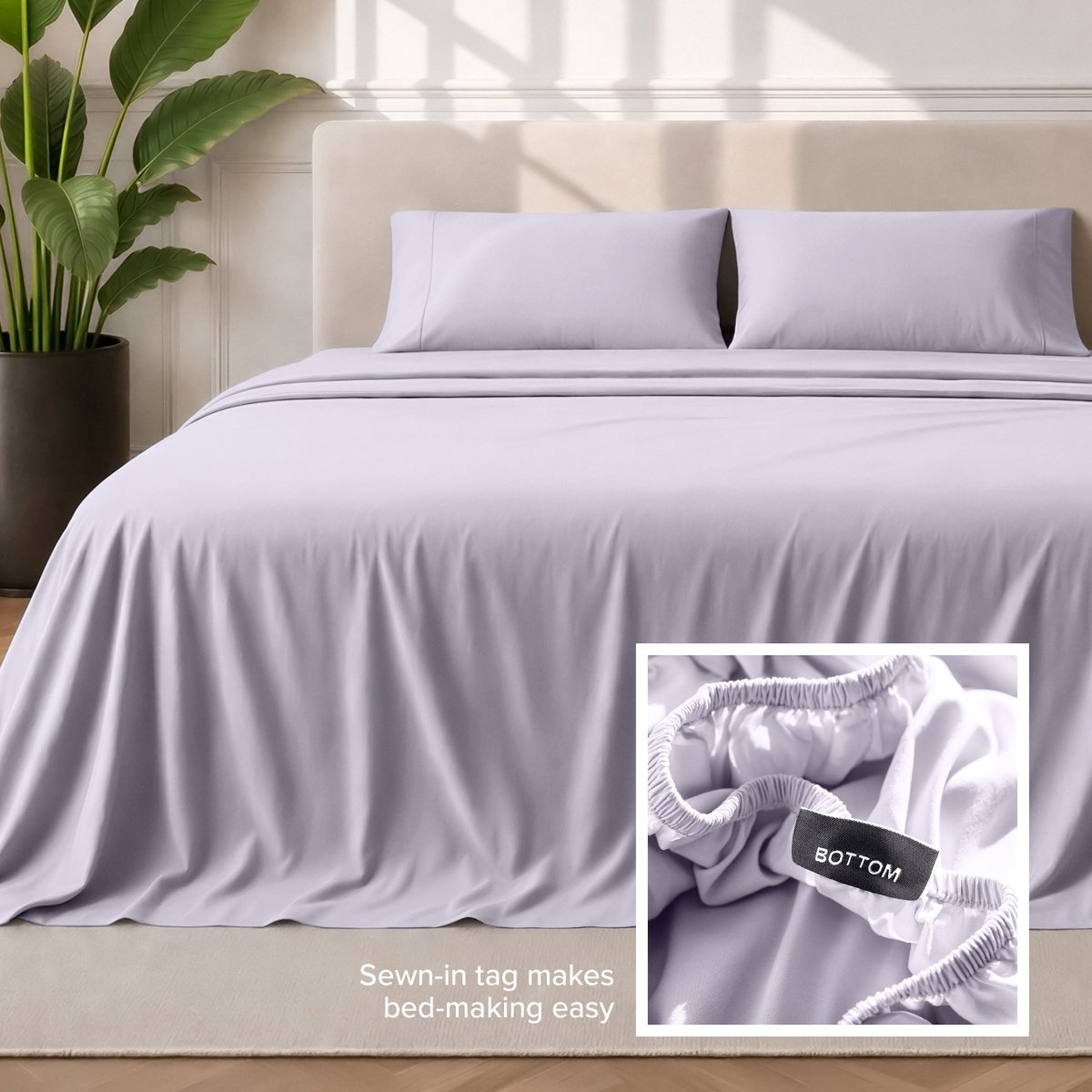 Sewn-in tag makes bed-making easy