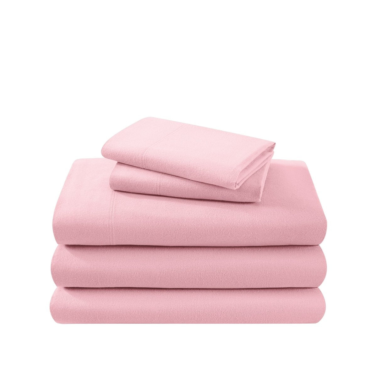 Cotton flannel sheet set folded and stacked on a white background