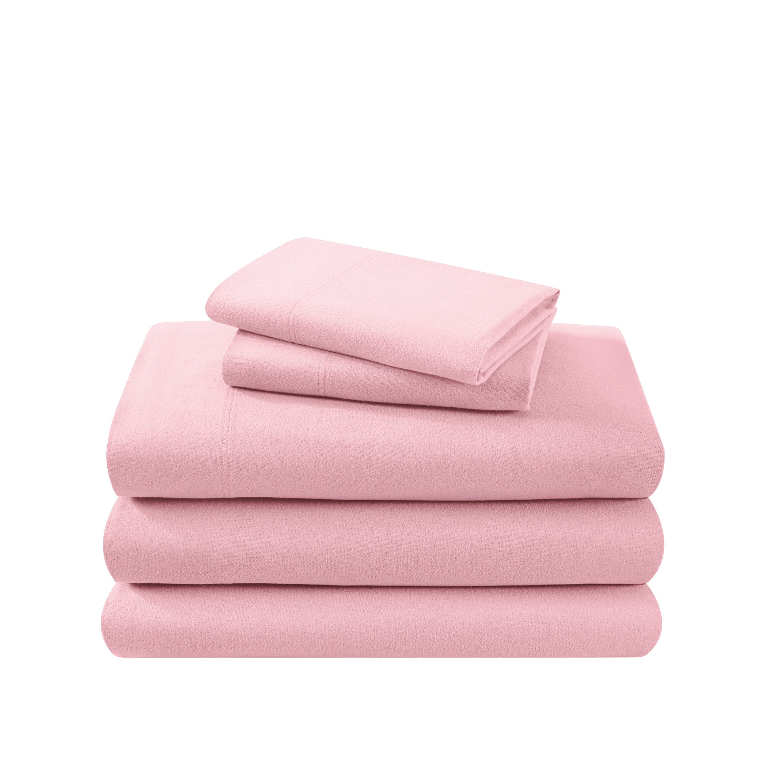 Cotton flannel sheet set folded and stacked on a white background