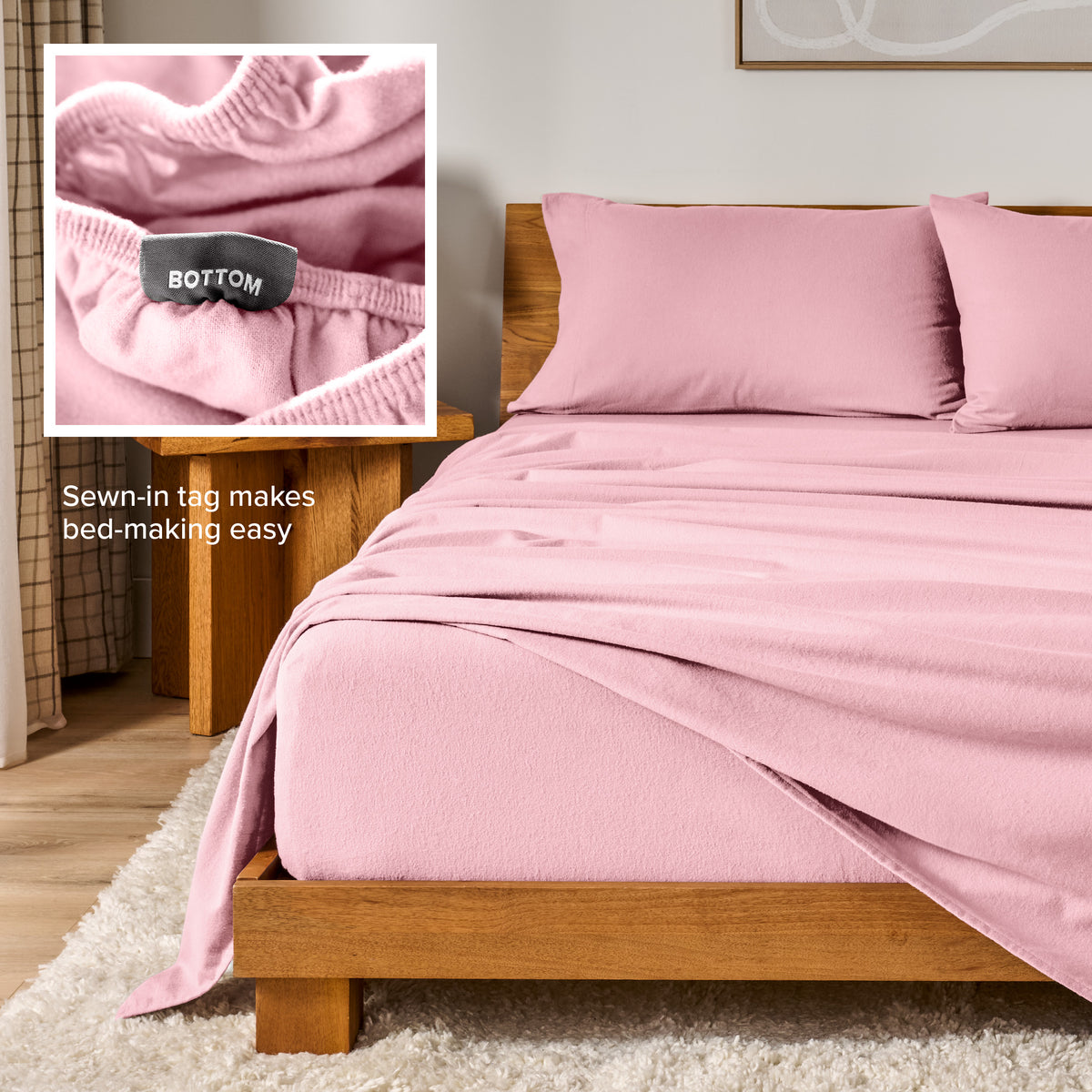 Flannel sheets on a with an inset of a sewn-in tag reading BOTTOM