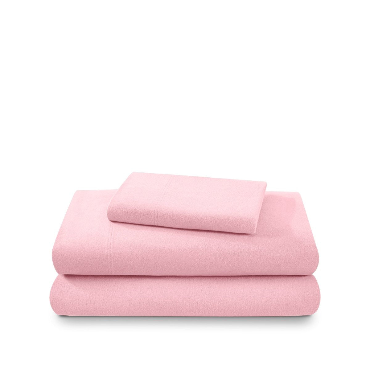 Cotton flannel sheet set folded and stacked on a white background