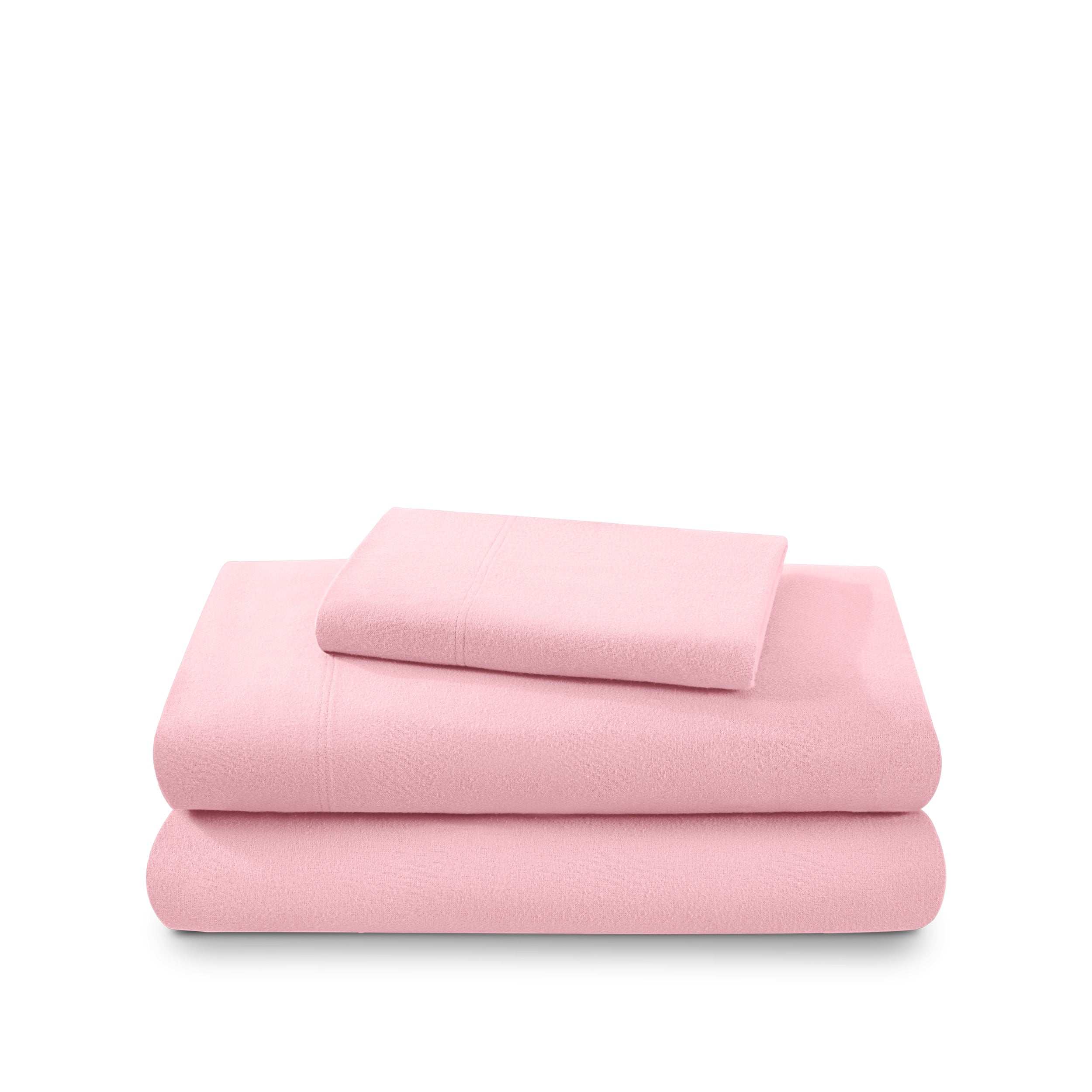 Cotton flannel sheet set folded and stacked on a white background