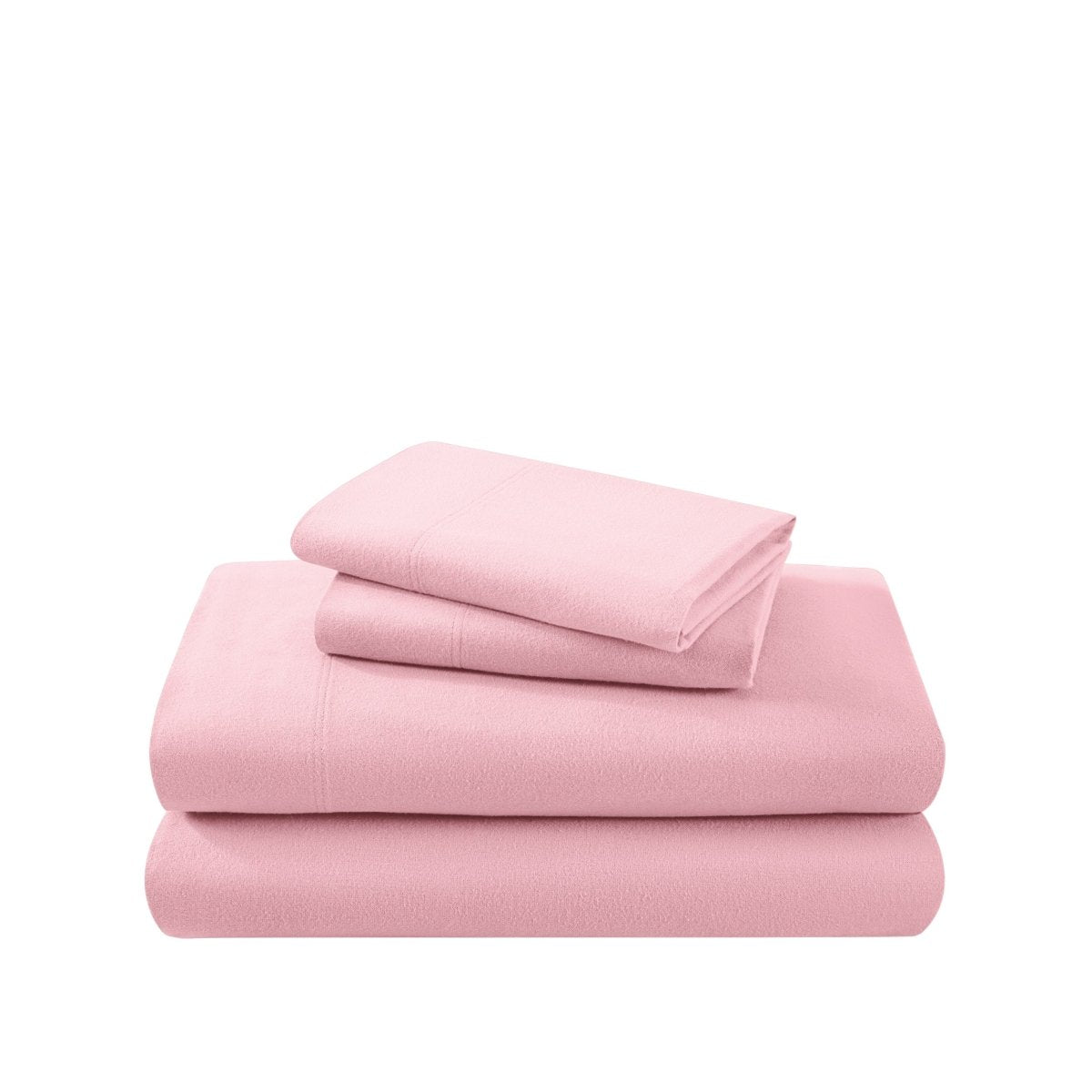 Cotton flannel sheet set folded and stacked on a white background