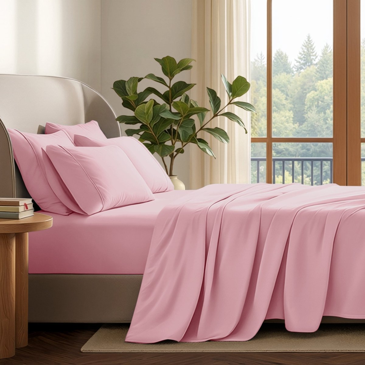 A neatly made bed with in a softly lit bedroom. A large green plant stands beside the bed, and a window with curtains is visible in the background.