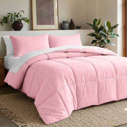 Comforter set on a bed in a bedroom with plants and decor.