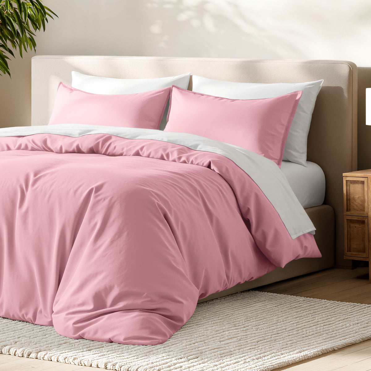Bed with microfiber duvet cover and sham set in a bedroom setting.