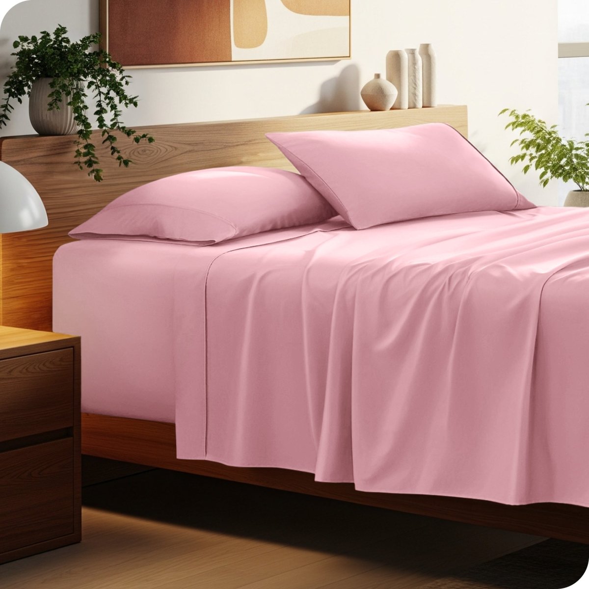Bed with microfiber bedding and wooden headboard in a bedroom setting