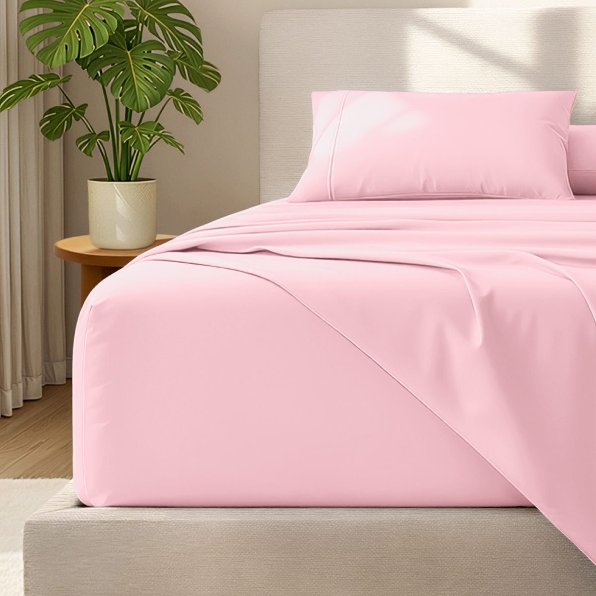 Bed with microfiber bedding and wooden headboard in a bedroom setting
