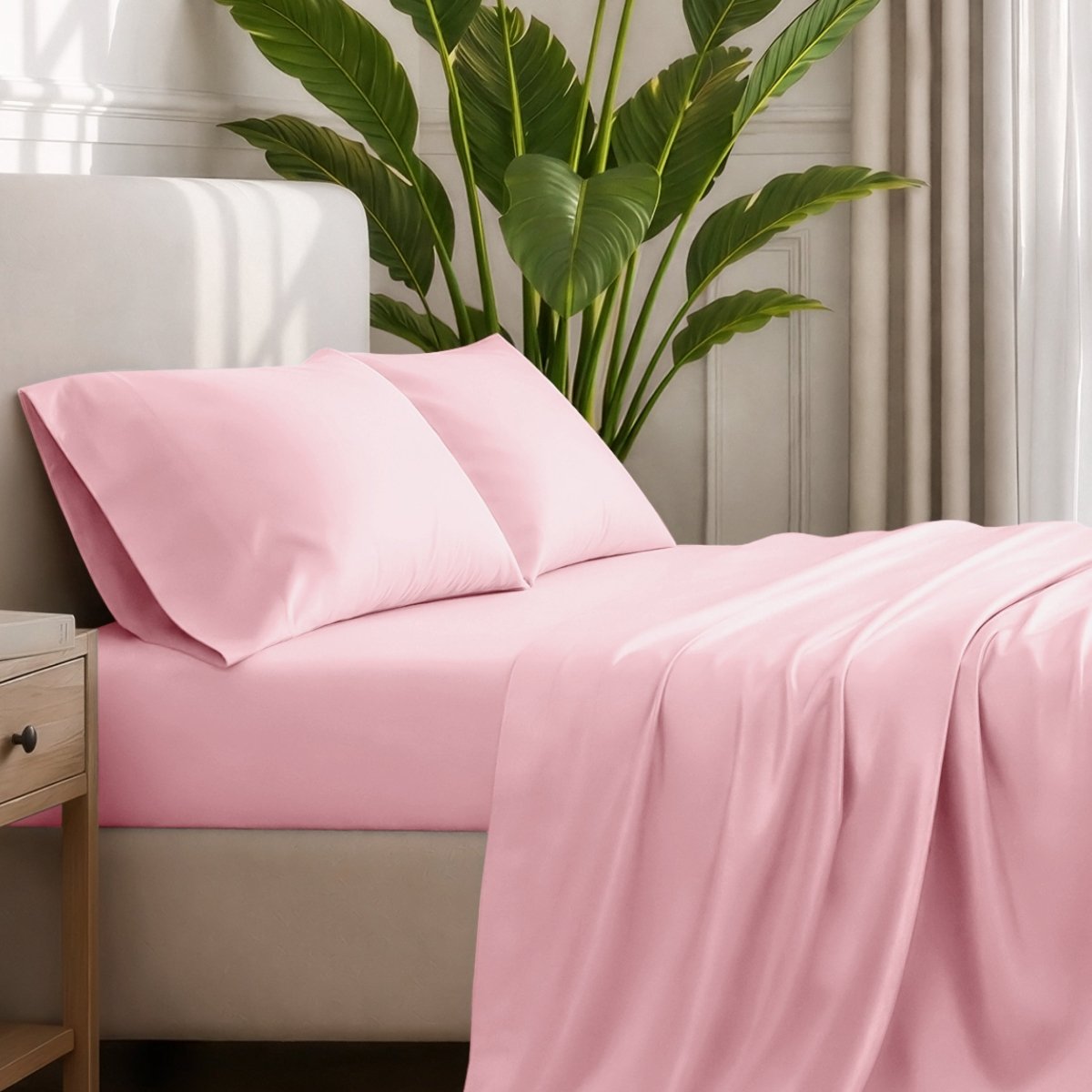 Ultra-soft sheets and pillowcases on a bed with a plant in the background