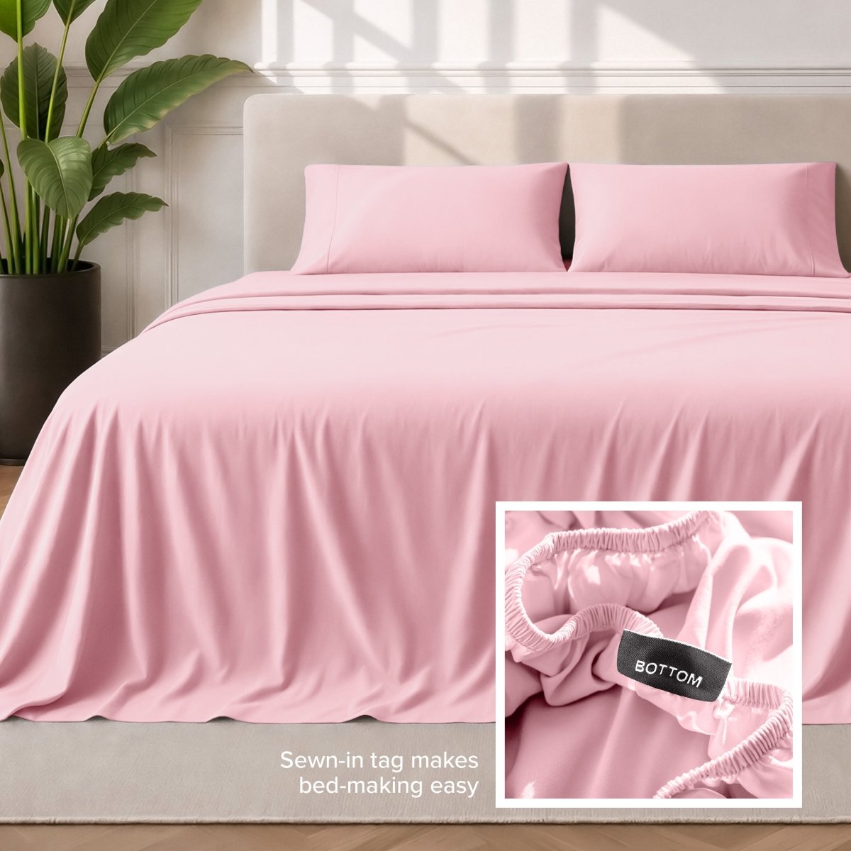 Sewn-in tag makes bed-making easy