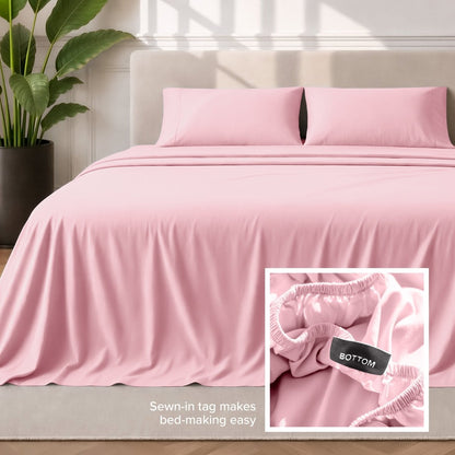 Sewn-in tag makes bed-making easy