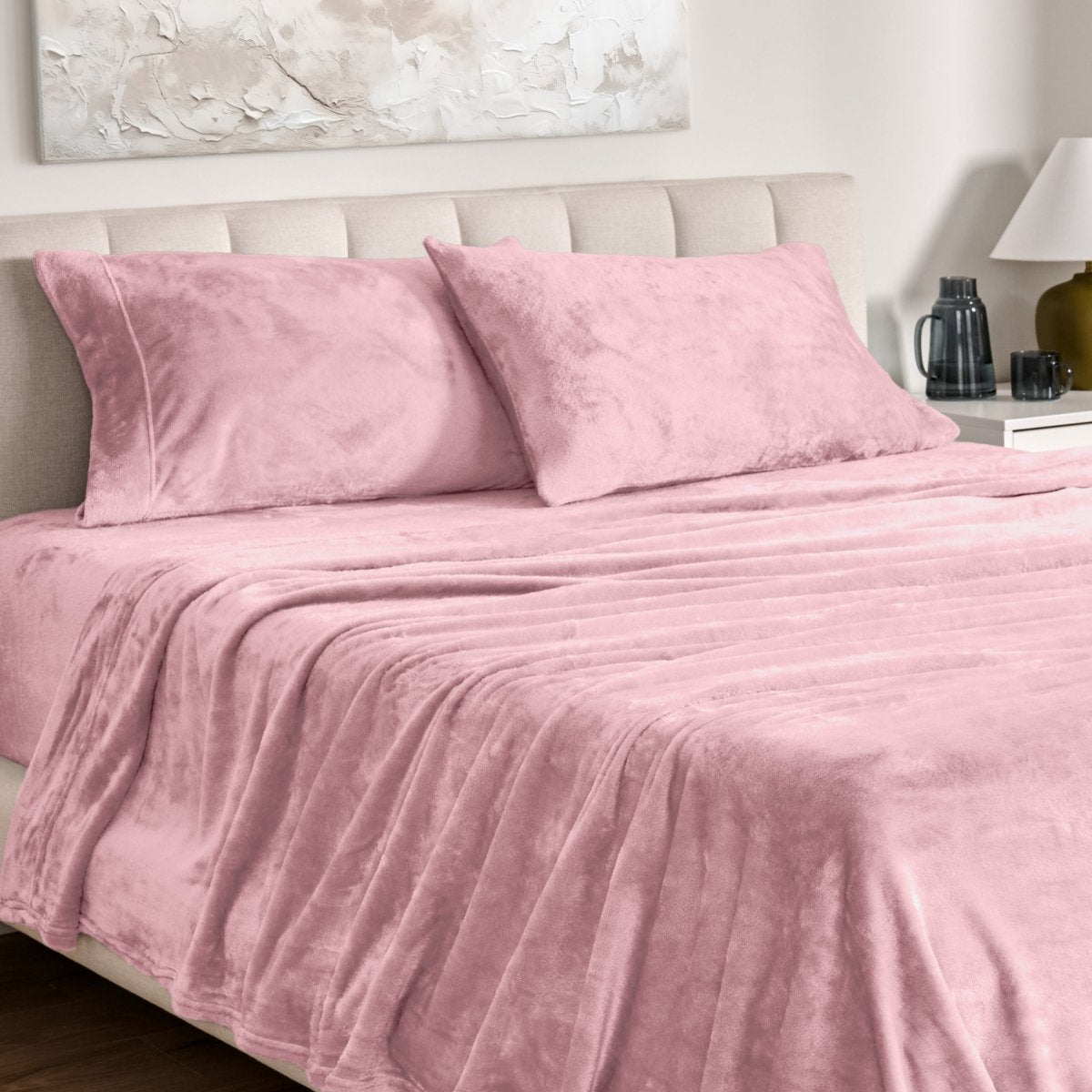 Microplush sheet set on a bed.