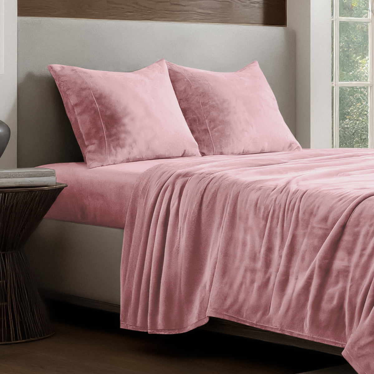 Microplush sheet set on a bed.