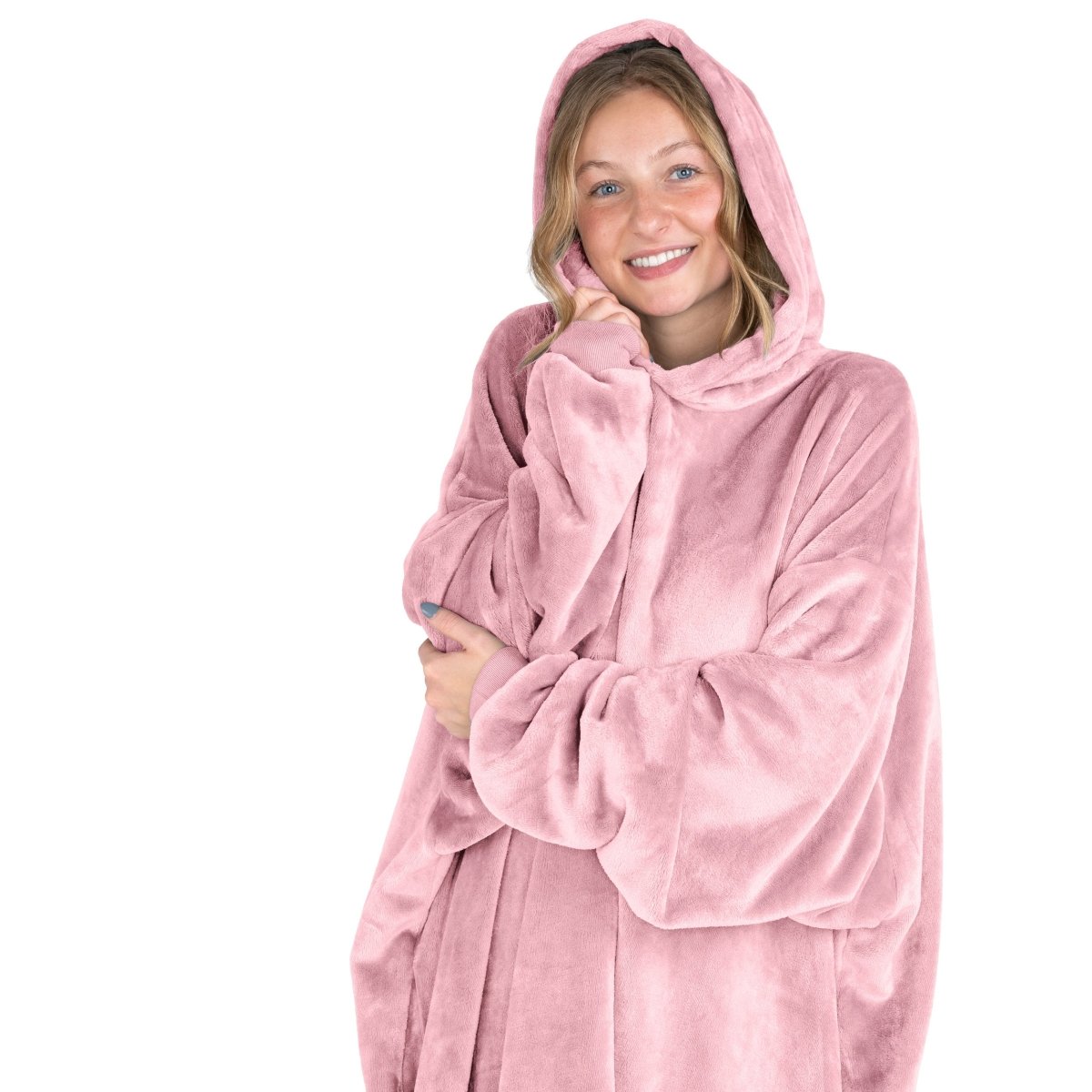 A woman in a wearable blanket