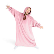 A girl has a hooded blanket on that is long enough to cover her legs