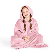 A child has a hooded microplush wearable blanket on