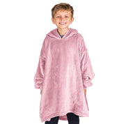 A boy dressed in a microplush wearable blanket.