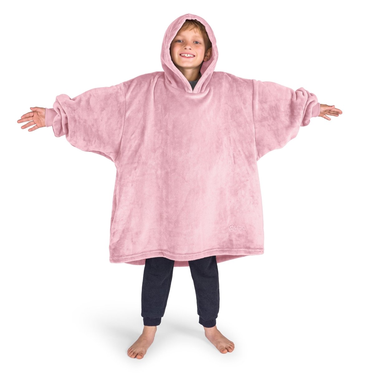 A boy wearing a cozy hooded blanket.