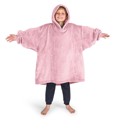 A boy wearing a cozy hooded blanket.