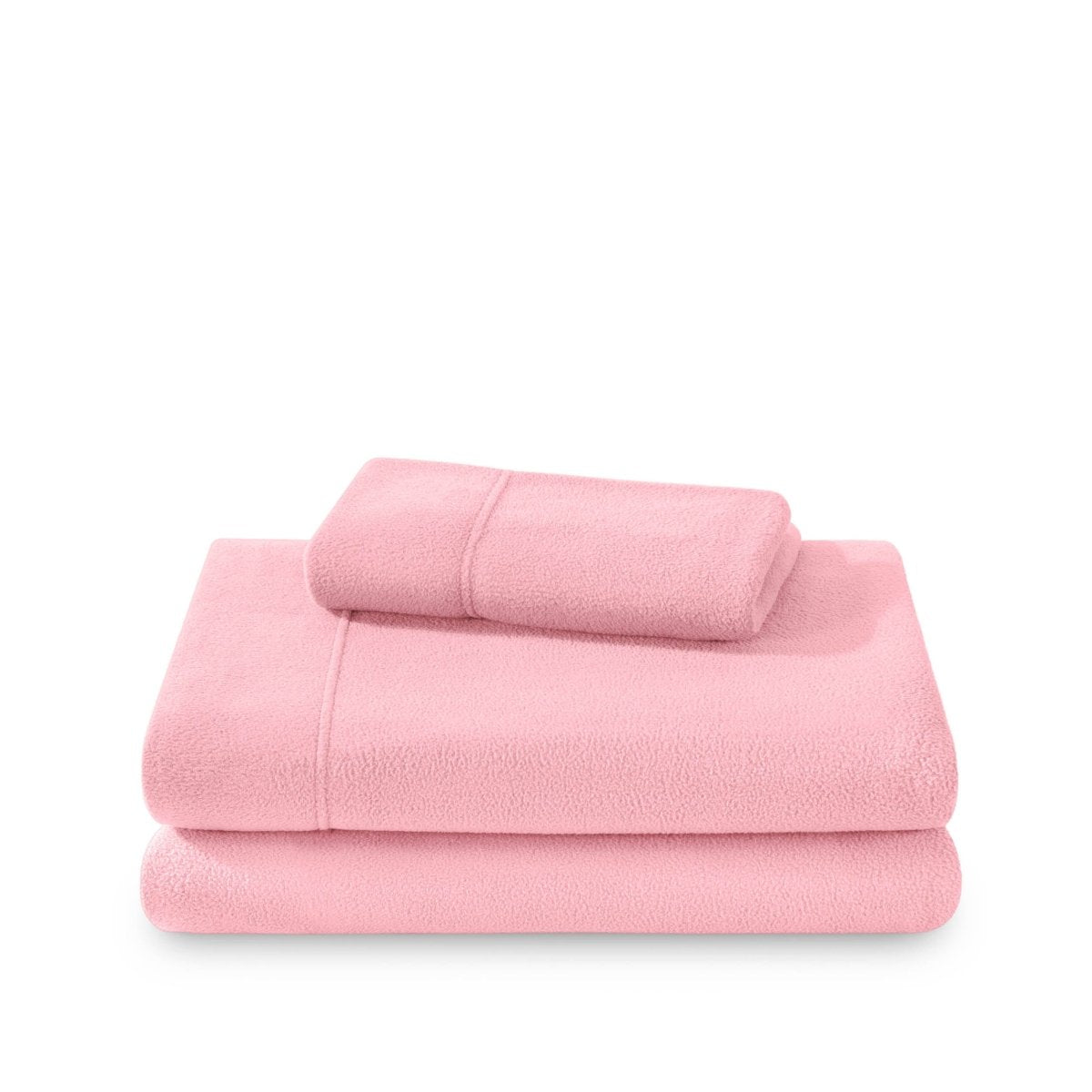 Polar fleece sheets and pillowcases folded and stacked on a white background