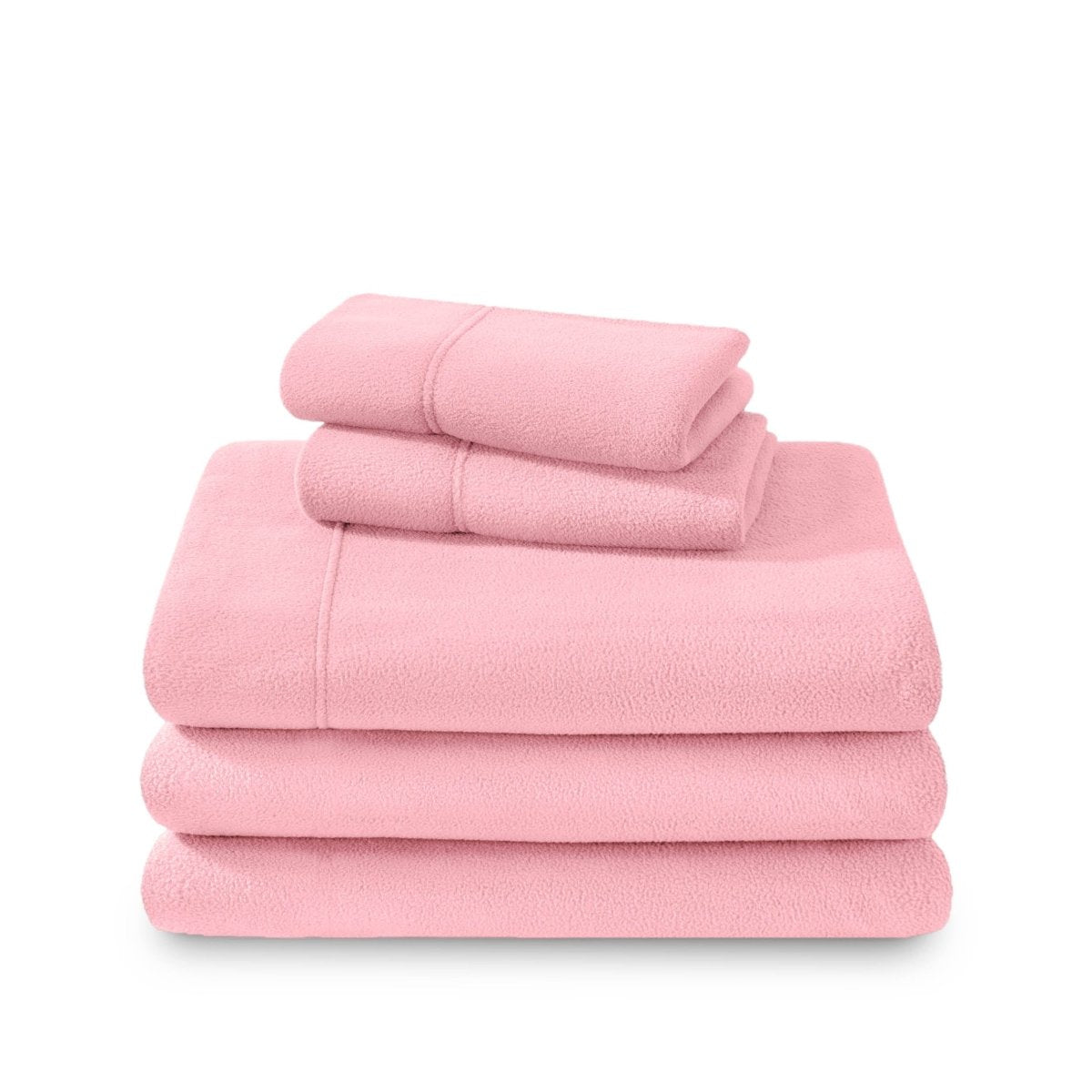 Polar fleece sheets and pillowcases folded and stacked on a white background