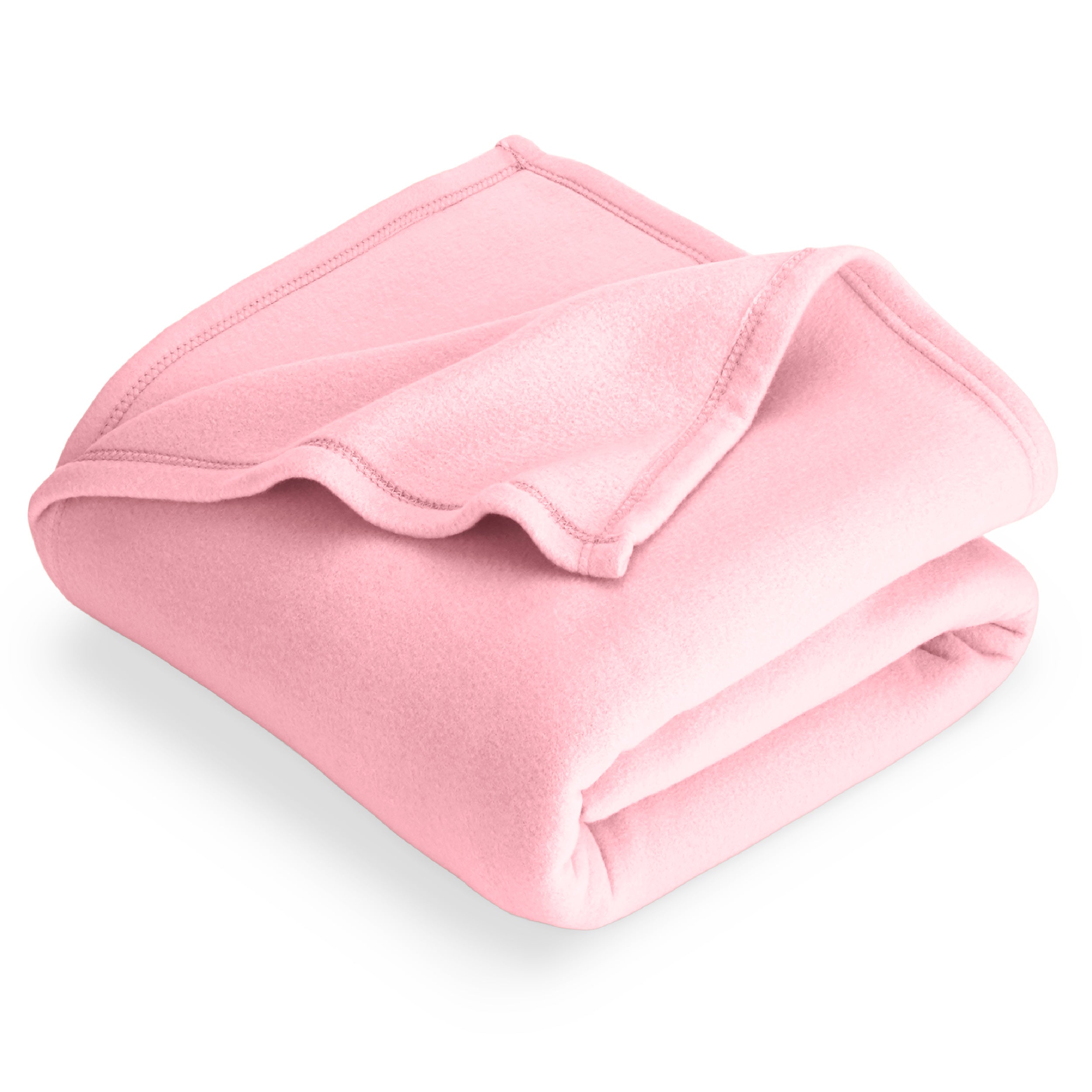 Light pink polar fleece blanket folded with 1 corner folded back