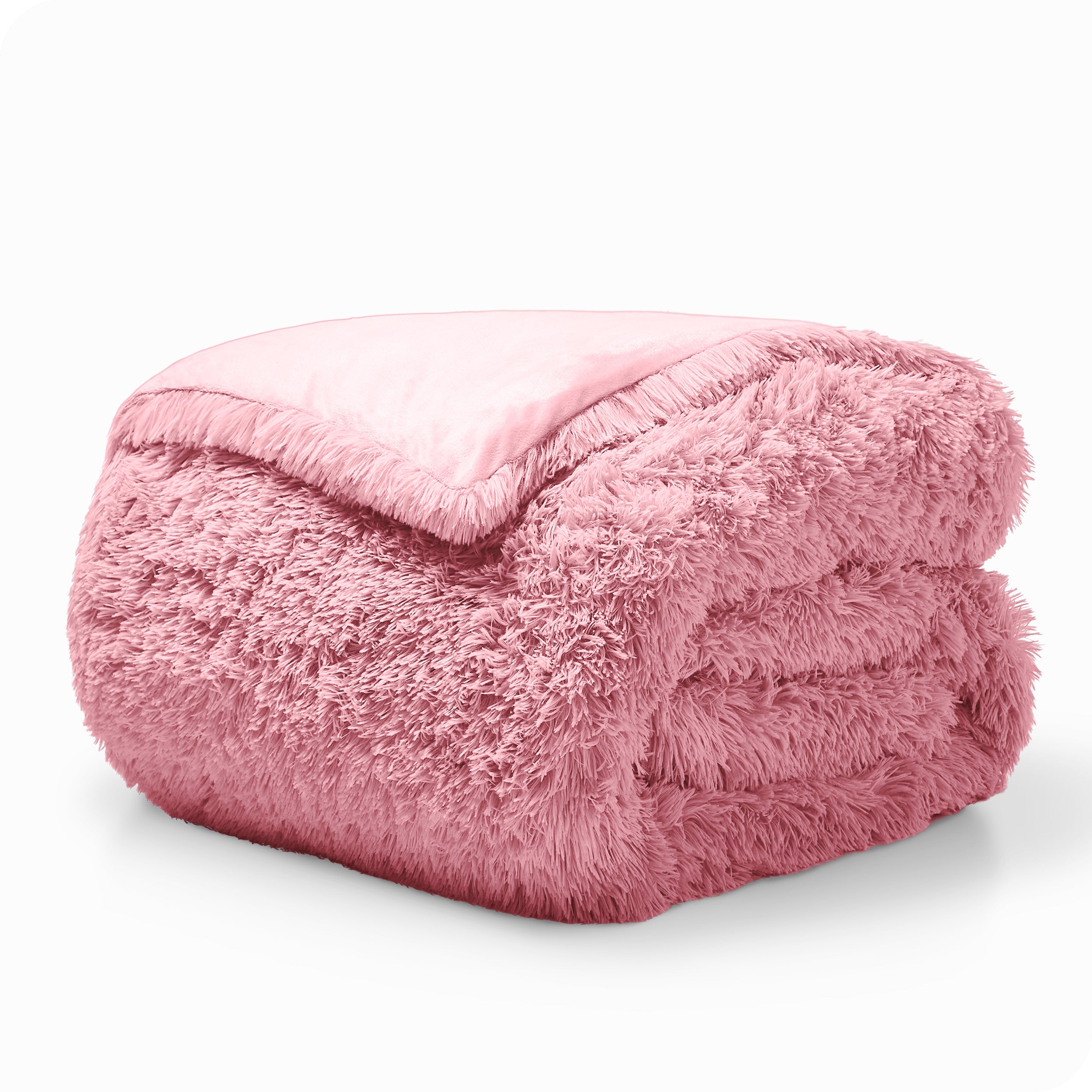 A pink shaggy duvet cover folded neatly