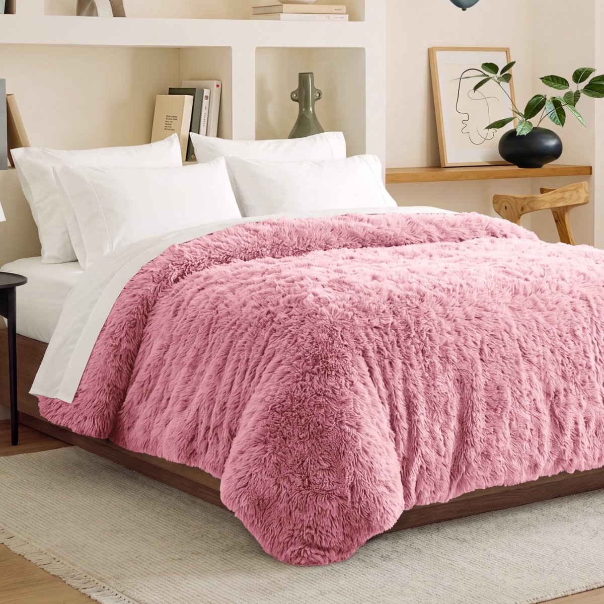 Shaggy duvet cover on a bed in a bedroom setting with shelves and decor.